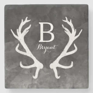 Dessous-de-verre En Pierre Aquarelle noire et collier de cerfs rustiques Mono