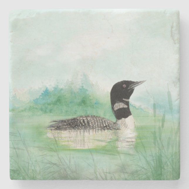 Dessous-de-verre En Pierre Aquarelle Oiseau commun Loon Nature Art (Devant)