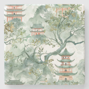 Dessous-de-verre En Pierre Aquarelle Pagode asiatique dans paysage verdoyant