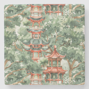 Dessous-de-verre En Pierre Aquarelle Pagode asiatique dans paysage verdoyant