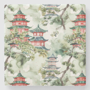 Dessous-de-verre En Pierre Aquarelle Pagode asiatique dans paysage verdoyant