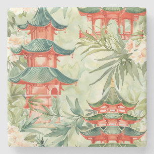 Dessous-de-verre En Pierre Aquarelle Pagode asiatique dans paysage verdoyant