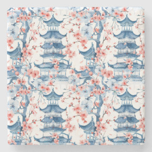 Dessous-de-verre En Pierre Aquarelle Pagode chinoise avec fleurs de cerisiers