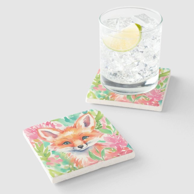 Dessous-de-verre En Pierre Aquarelle Preppy Palm Beach Fox en fleurs (Côté)