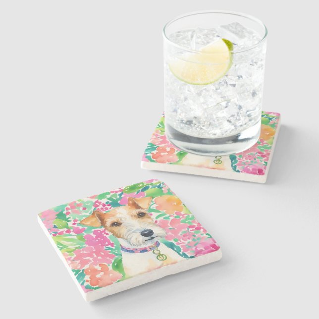 Dessous-de-verre En Pierre Aquarelle Preppy Palm Beach Fox Terrier Chien (Côté)