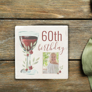 Dessous-de-verre En Pierre Aquarelle Rose de vin rouge Photo 60e anniversaire