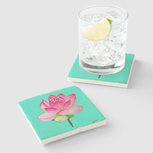 Dessous-de-verre En Pierre Aquarelle rose lotus fleur fine art céramique carr