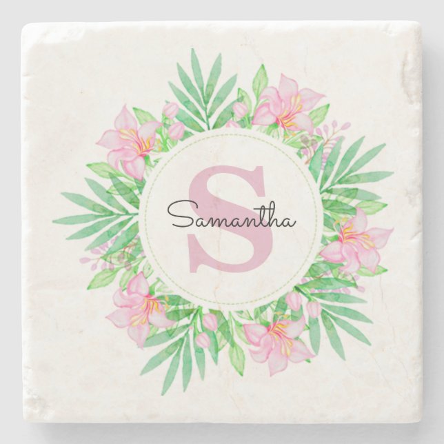 Dessous-de-verre En Pierre Aquarelle rose Monogramme floral (Devant)