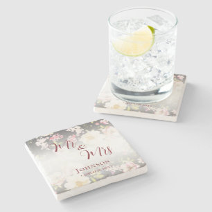 Dessous-de-verre En Pierre Aquarelle rose Roses jaunes, noir flou, Mariage