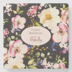 Dessous-de-verre En Pierre Aquarelle Roses rose et jaune sur Noir, Anniversai
