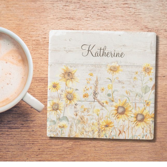 Dessous-de-verre En Pierre Aquarelle Russe Jaune Jardin de Tournesol Bois (In situ)