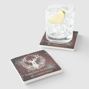 Dessous-de-verre En Pierre Aquarelle rustique renne blanc Red