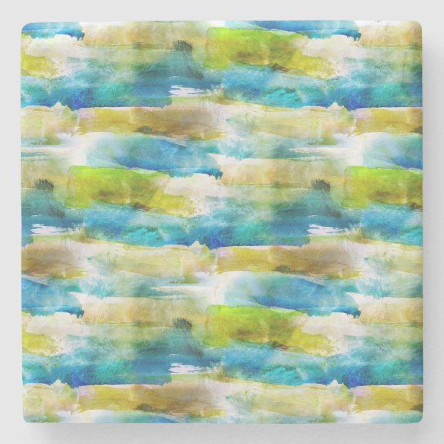 Dessous-de-verre En Pierre Aquarelle vert abstrait, bleu (Devant)