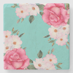 Dessous-de-verre En Pierre Aquarelle Vibrant rose Roses blanches Turquoise Re