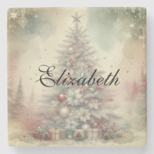 Dessous-de-verre En Pierre Aquarelle vintage Arbre de Noël et ornements