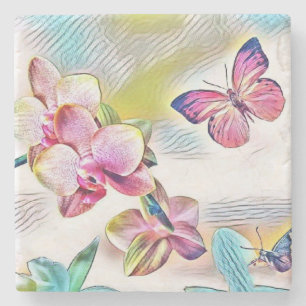 Dessous-de-verre En Pierre Aquarelle vintage de fleurs d'orchidées rouges ros