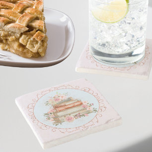 Dessous-de-verre En Pierre Aquarelle Vintage rose roses et livres Floral