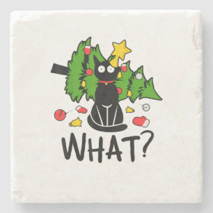Dessous-de-verre En Pierre Arbre de Noël drôle de chat noir Noël joyeux Santa