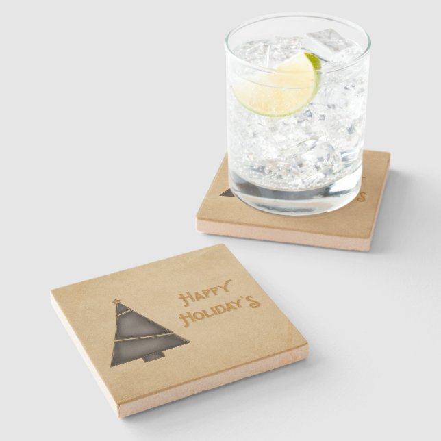 Dessous-de-verre En Pierre Arbre de Noël en or noir Joyeuses fêtes (Côté)