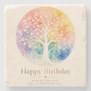 Dessous-de-verre En Pierre Arbre Fleurissant Arc-en-Ciel Anniversaire Joie