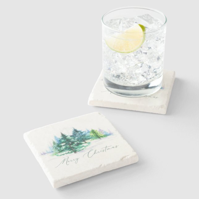 Dessous-de-verre En Pierre Arbres à l'aquarelle  (Côté)