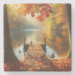 Dessous-de-verre En Pierre Arbres d'automne & lac avec canards