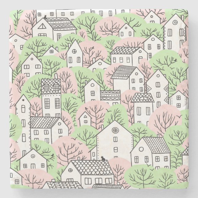 Dessous-de-verre En Pierre Arbres, maisons, paysage de la ville de printemps (Devant)