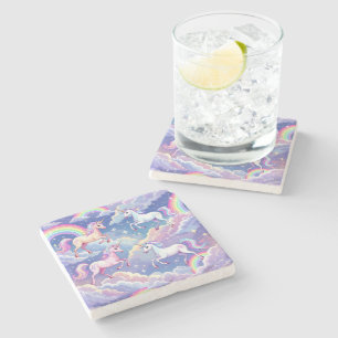 Dessous-de-verre En Pierre Arc-en-ciel scintillant et licornes sur des nuages