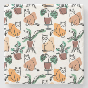 Dessous-de-verre En Pierre Art de trait dessin chats et fleurs