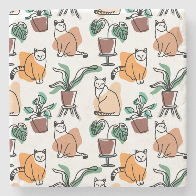 Dessous-de-verre En Pierre Art de trait dessin chats et fleurs (Devant)