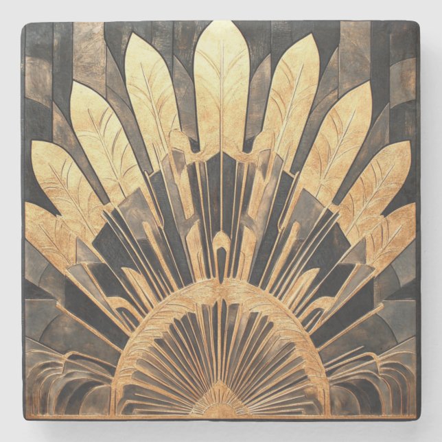 Dessous-de-verre En Pierre Art Déco Gold Black sunburst Motif (Devant)
