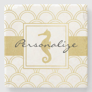 Dessous-de-verre En Pierre Art Déco Ocean Wave Gold Seahorse Beach House
