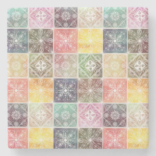 Dessous-de-verre En Pierre Art Tile coloré de l'ornement géométrique blanc te