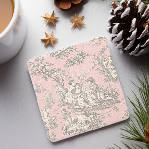 Dessous-de-verre En Pierre Art Vintage Toile de Jouy Rose Noir