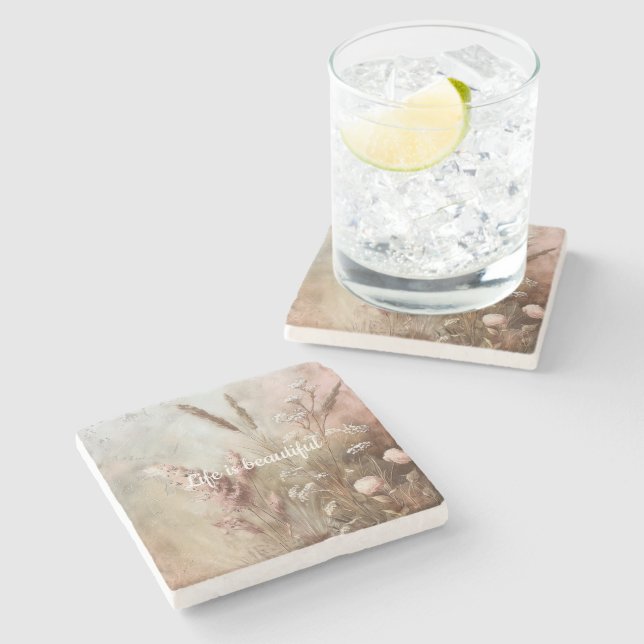 Dessous-de-verre En Pierre Assez Chic Beige Blush Bohème Floral  (Côté)