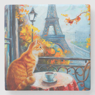 Dessous-de-verre En Pierre Automne parisien   Chat au gingembre dans un café