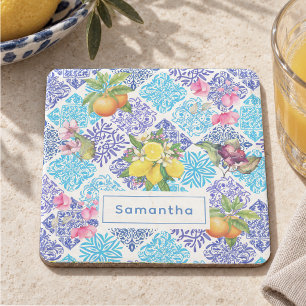 Dessous-de-verre En Pierre Azulejo Floral Citron Sicilien Bleu Vibrant