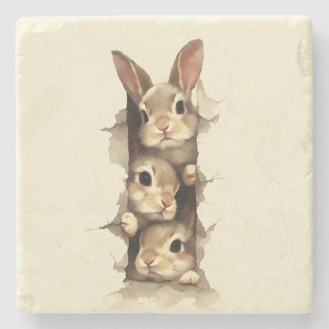 Dessous-de-verre En Pierre B3 Three Bunnies 3D Illusion  (Devant)