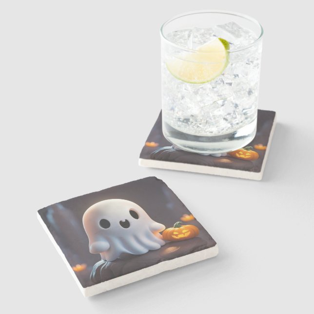 Dessous-de-verre En Pierre Baby Ghost Déplaisant mignon caractère Halloween (Côté)
