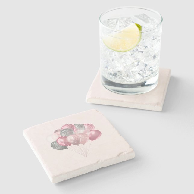 Dessous-de-verre En Pierre Ballons Pailletés Rose et Argent (Côté)