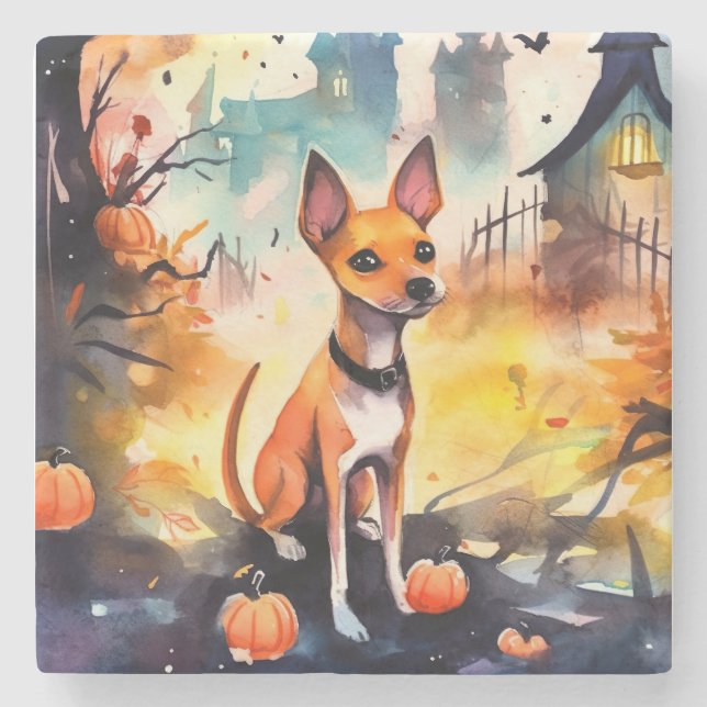 Dessous-de-verre En Pierre Basenji D'Halloween Avec Peur Citrouille (Devant)