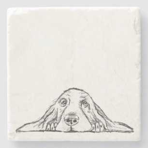 Dessous-de-verre En Pierre basset hound noir blanc yeux de chiot simple 