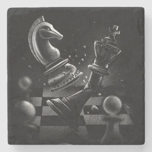 Dessous-de-verre En Pierre Bataille aux échecs dramatique - Chevalier contre 