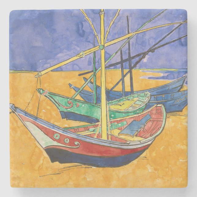 Dessous-de-verre En Pierre Bateaux de Van Gogh Impressionnisme Plage (Devant)