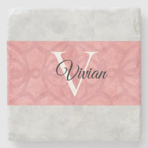 Dessous-de-verre En Pierre Batik Rose Ruddy Et Aquarelle Gris Monogramme