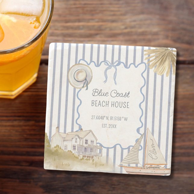 Dessous-de-verre En Pierre Beach House Blue Coastal Chic Blue Stripes (In situ)