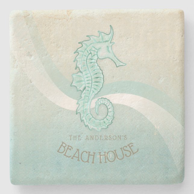 Dessous-de-verre En Pierre Beach House Seahorse Aqua Blue ID623 (Devant)