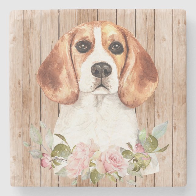 Dessous-de-verre En Pierre Beagle & Fleurs à l'aquarelle  (Devant)