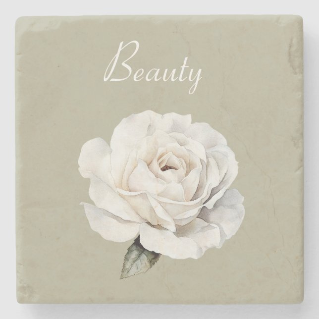 Dessous-de-verre En Pierre Beauté Rose Blanche Verte Fleur (Devant)