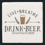 Dessous-de-verre En Pierre Beer Love Hipster Live Breathe Drink Beer Custom<br><div class="desc">Si vous aimez la bière, ce dessous de verre en marbre de qualité est fait pour vous ! Il présente un design de style logo avec le texte "Live Breathe Drink Beer" et une illustration dessinée à la main d'un verre de bière et de flèches centré entre les houblons. Ajoutez...</div>